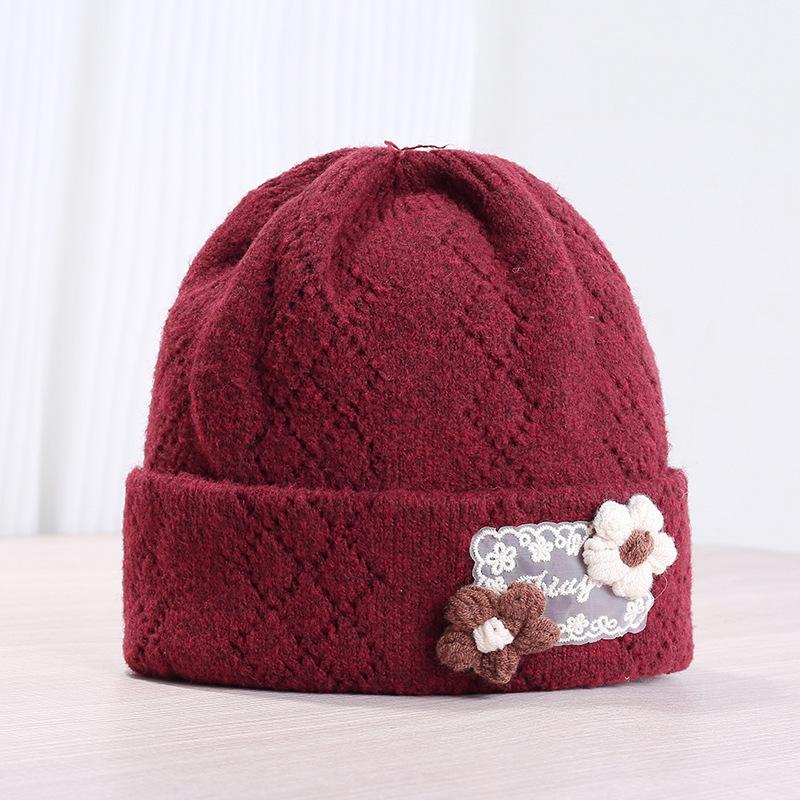 Autumn and winter warm ear protection double-layer flanged pullover wool hat female sweet literary lace handmade flower knitted hat