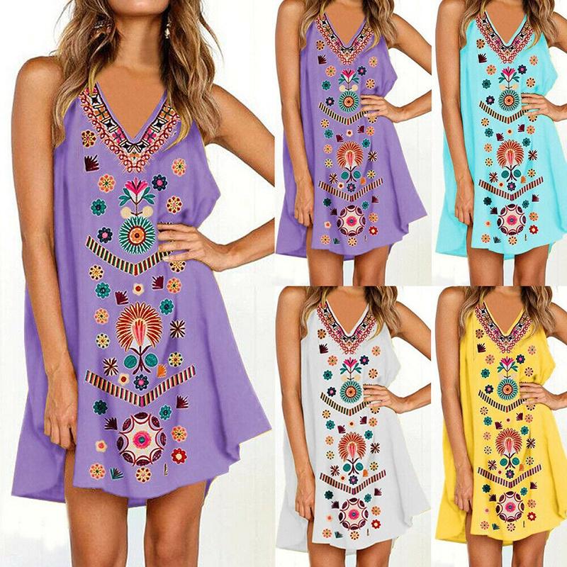 Womens Midi Dress Sleeveless Boho Beach Casual Floral Sundress Perfect For Summer