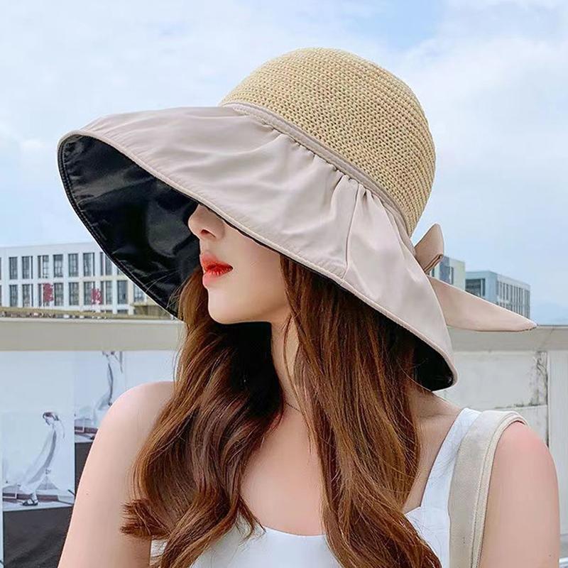 Summer  Women Bucket Hat Uv Protection Sun Hats Panama Cap Ponytail Caps