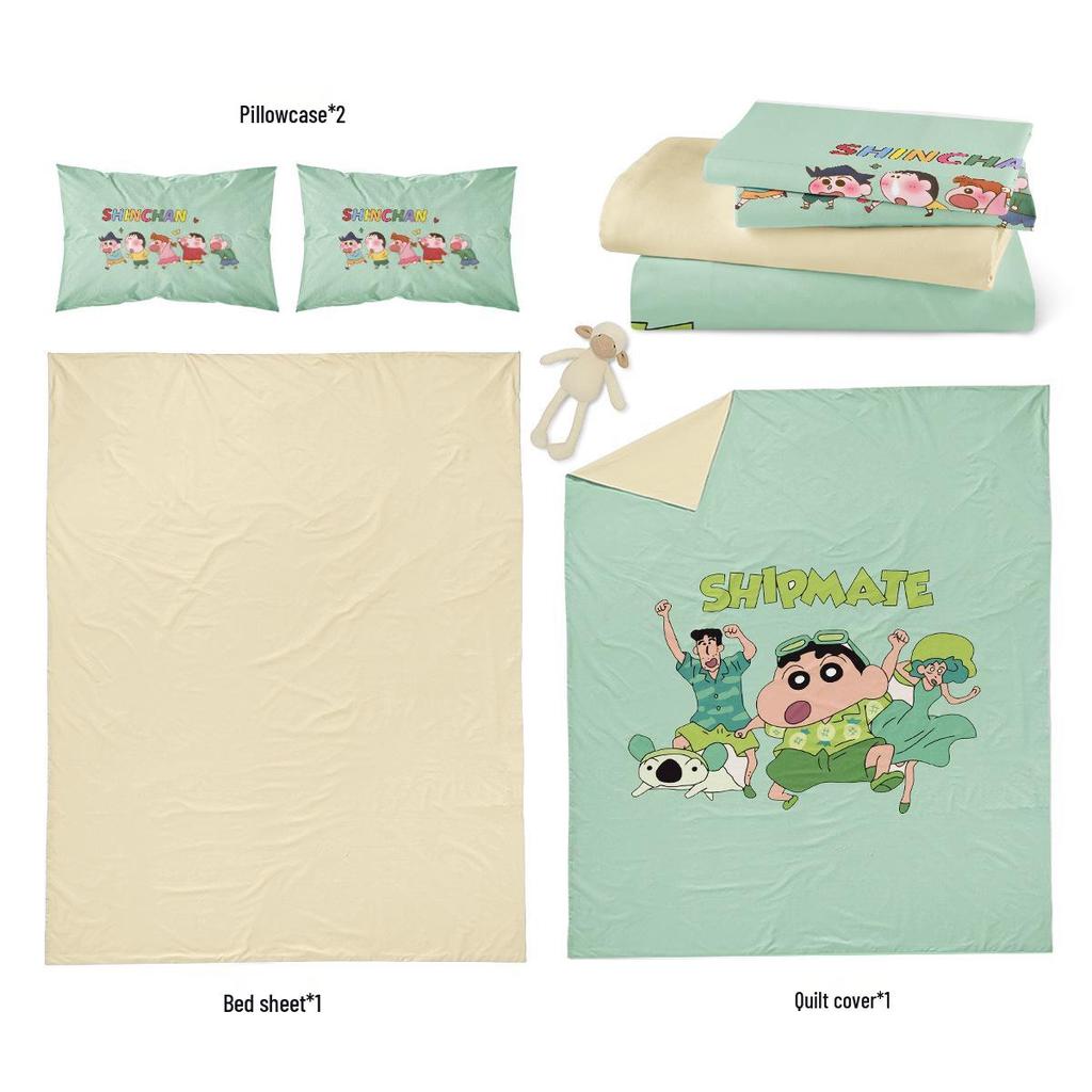 Crayon Shin-chan Cartoon Print Pure Cotton 4-Piece Duvet Cover & Bed Sheet Set for Kids' Dormitory.