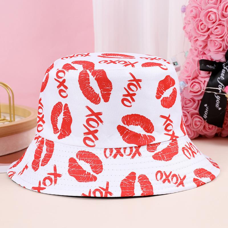 New fashionable heart-shaped printed double-sided bucket hat kiss pattern trendy sunshade sun hat sunscreen basin hat