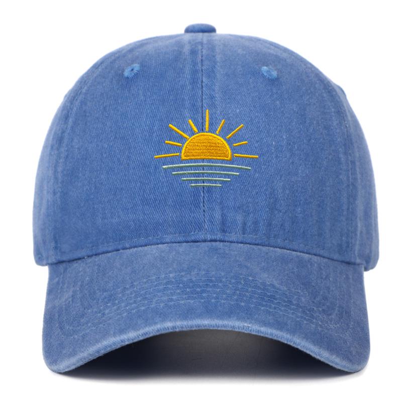 Unisex Vintage Washed Baseball Cap - Embroidered Beach Sunrise, Breathable & Sun Protective for Summer Outdoor Activities