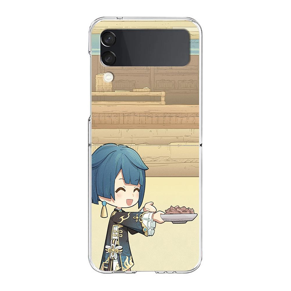 Genshin Impact klee Sayu Qiqi xiao For Samsung Galaxy Z Flip 3 4 5 Hard Folding Clear PC Phone Case For Samsung Z Flip3 Cover