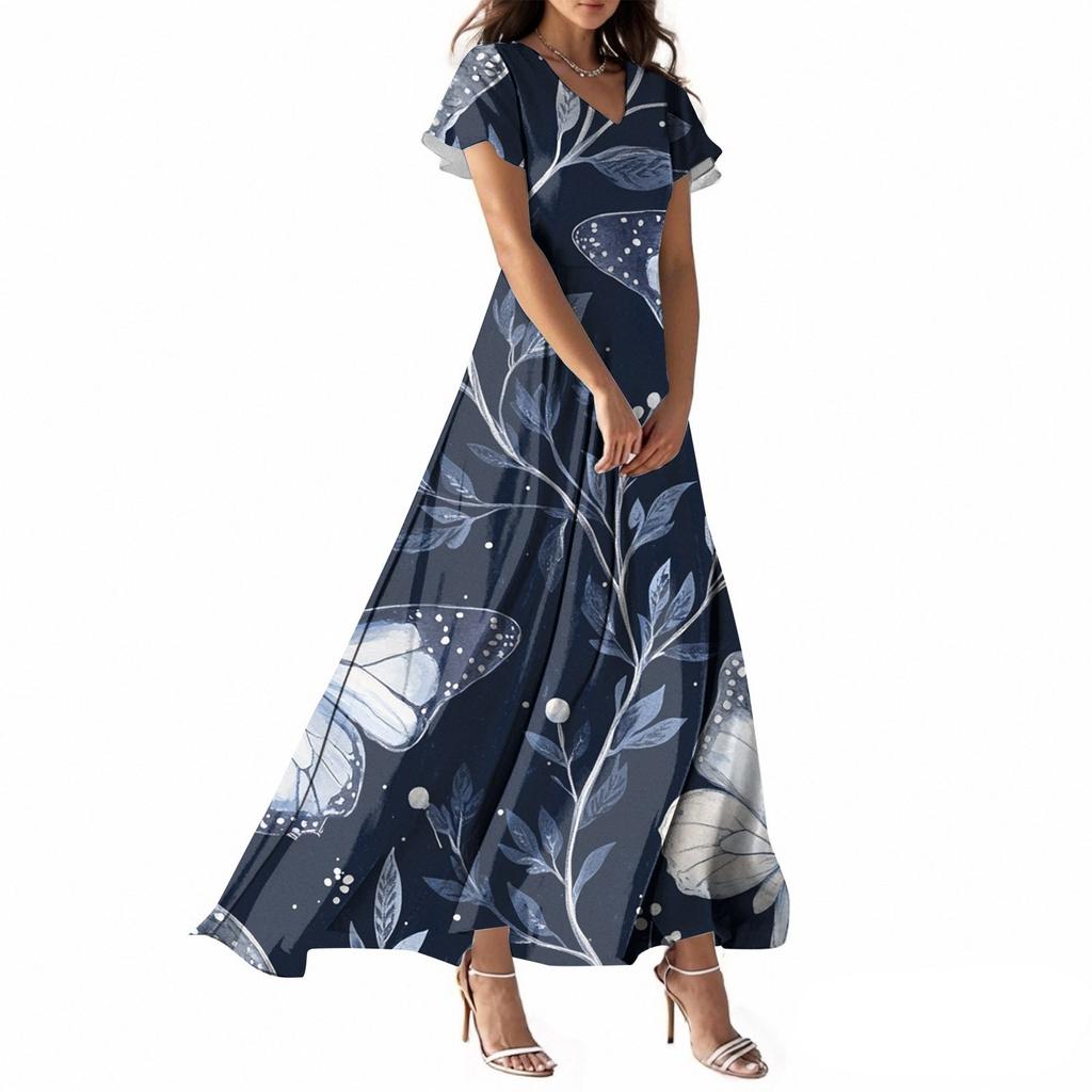 Women's Summer Casual Fashion Butterfly Print Dress V Neck Short Sleeve Dress