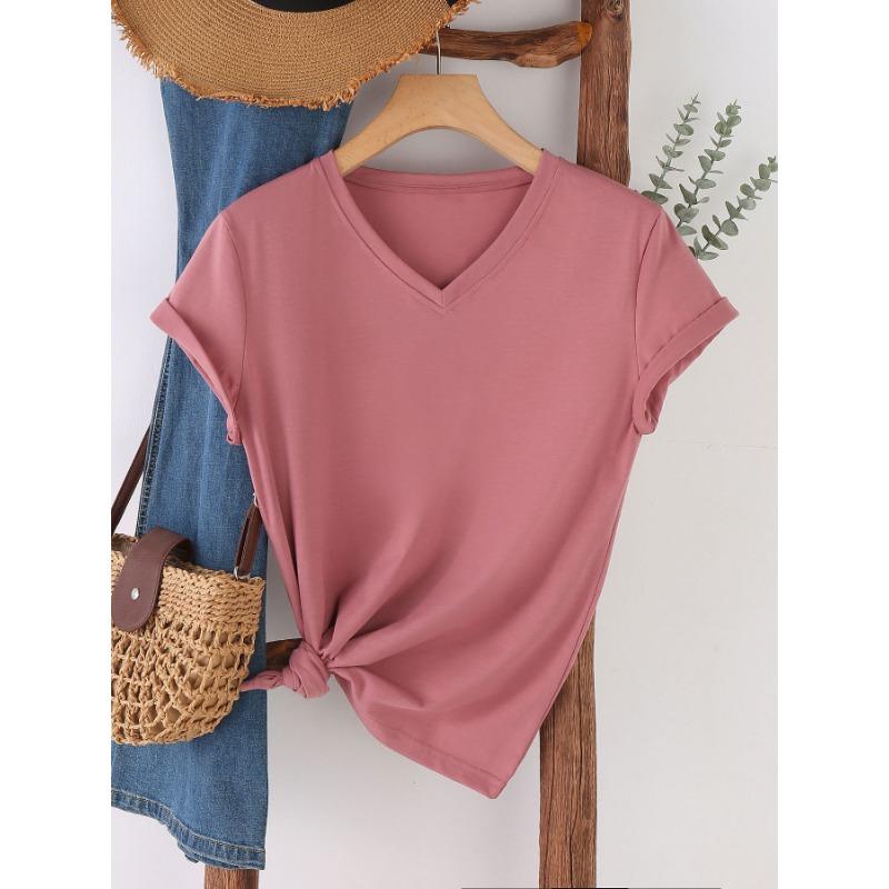 Fashionable Simple Versatile Pure-colored V-neck Short-sleeved Women's T-shirts