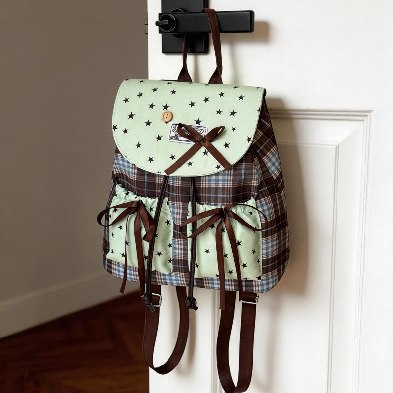 Schulranzen Koreanische Version Trend Ins Rucksack Damen Große Kapazität Vielseitig Kariert Süße Schleife Schüler Schulranzen Sternen Rucksack