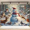 Frohe Weihnachten! Ein Winterkulissenhintergrund mit einem Schneemann und Wildtieren aus Polyesterstoff in Standardgröße.l