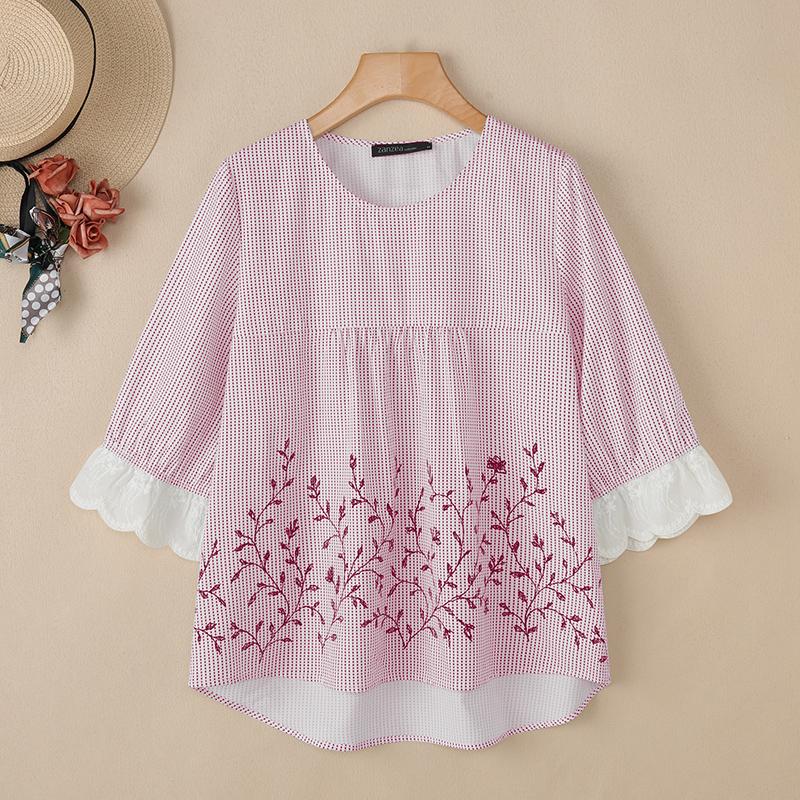 ZANZEA Lässige Bluse mit Rundhalsausschnitt und 3/4-Ärmeln und lockerem Print für Damen