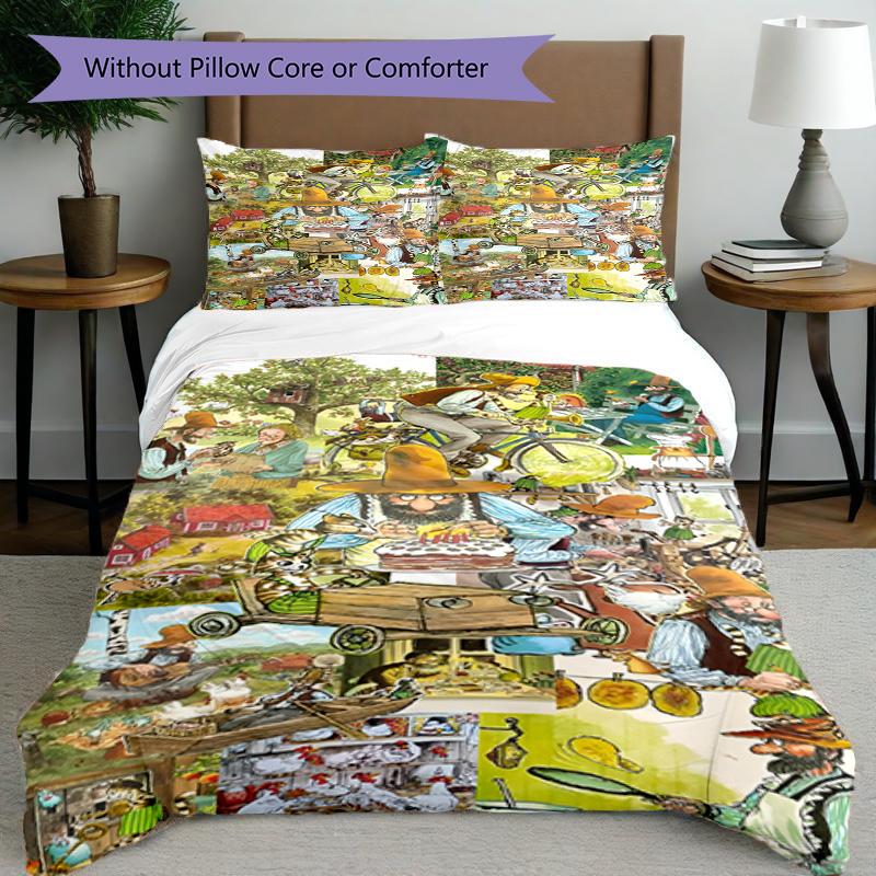 3pcs Duvet Cover Set (1*Duvet Cover + 2*Pillowcase, Without Core), Pettersson und Findus Print Bedding Set, Bedroom Decor, All‑Season, Birthday Gift