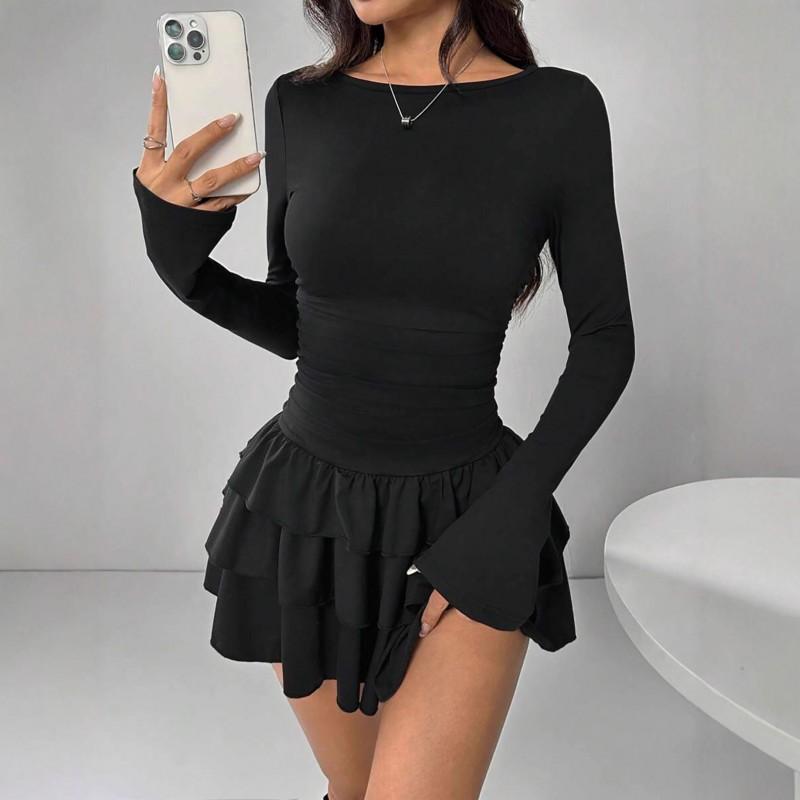 Womens Long Sleeve Dress - Solid Color Slim Fit Pleated 2025