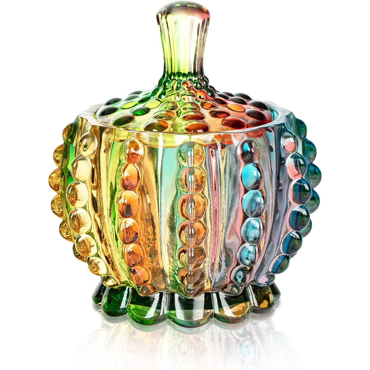 Joeyan 6 oz Colorful Embossed Glass Jars with Lid - Crystal Glass Candy Dishes - Iridescent Candy Jars Jewelry Box for Wedding,Party,Buffet Decorative Q