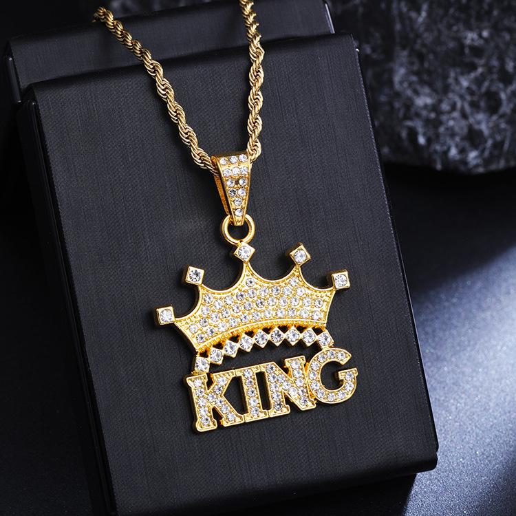 Unisex European and American Crown Letter KING Full Diamond Pendant Necklace - Trendy Hip-Hop Jewelry