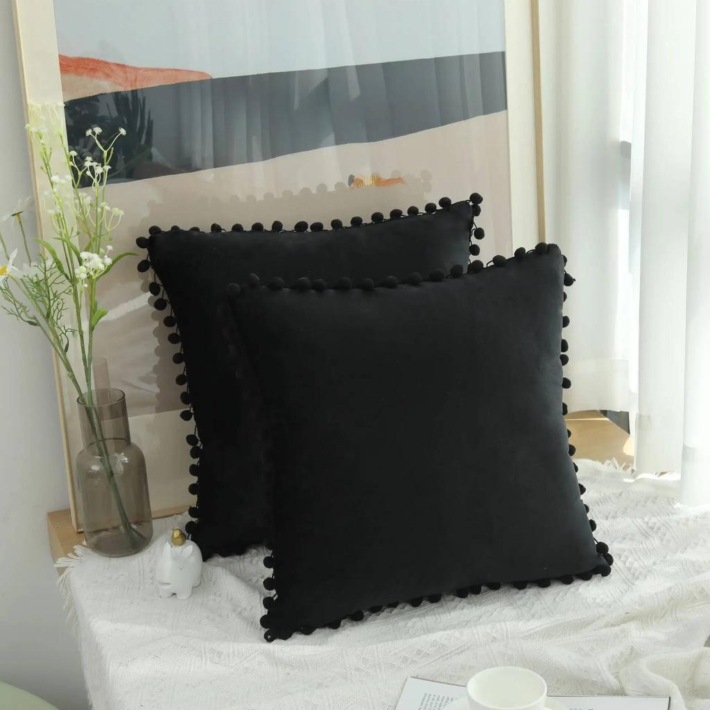 Velvet Pillow Cover with Ball Lace, Soft Cushion Cover, Monochrome, Modern and Simple, Fur Ball, 30x50, 40x40, 50x50, 65x65cm