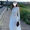 Gray Striped Knit Dress Set for Women: 2025 Autumn Korean Style Long Dress