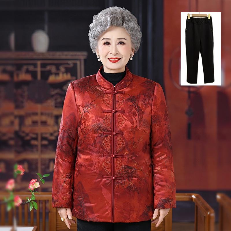 Winter Chinese Style Plate Buckle Padded Jacket for Elderly Women - Festive Tang Suit