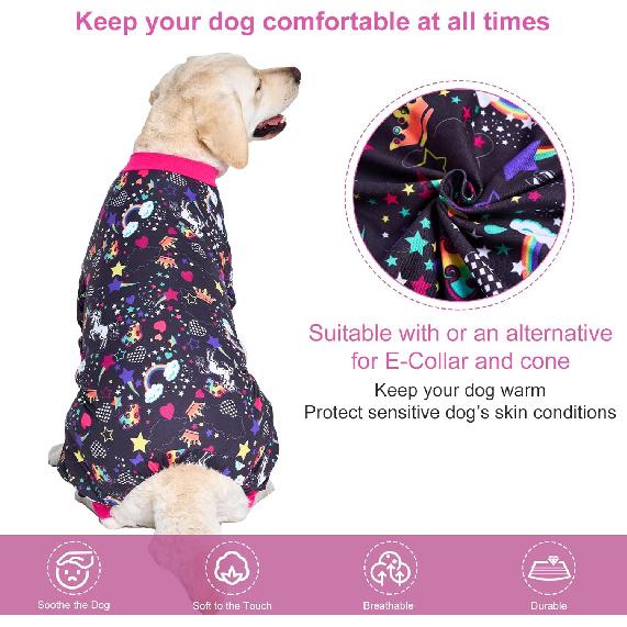 LovinPet Large Dog Pajamas Pitbull PJS: Wound Care/Post Surgery Dog Clothes, Onesies for Dogs, Unicorn Rainbows Black Print, Lightweight Stretchy