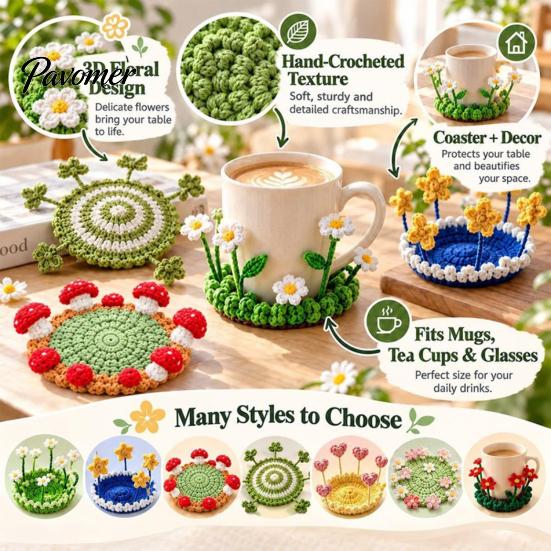 Decorative Tea Cup Pad Blooming Crochet Coaster, Handmade 3D Flower Mat for Coffee Mug Rug Tea, Cotton Yarn Drink Floral Table Decor Desk Protector