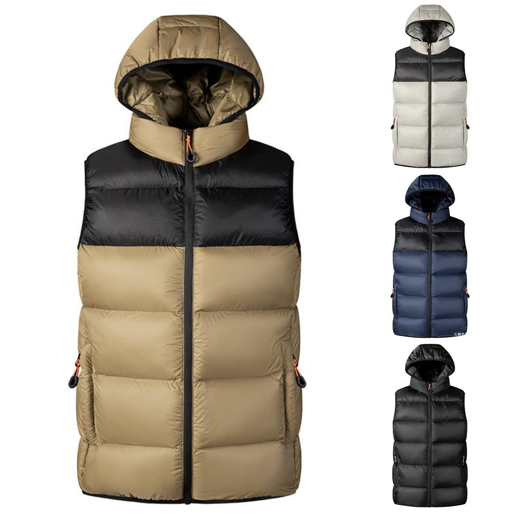 Men's Casual Loose Color-blocked Cotton Warm Jacket, Men's Double-sided Wearable, Detachable Cap Sleeveless Vest Jacket