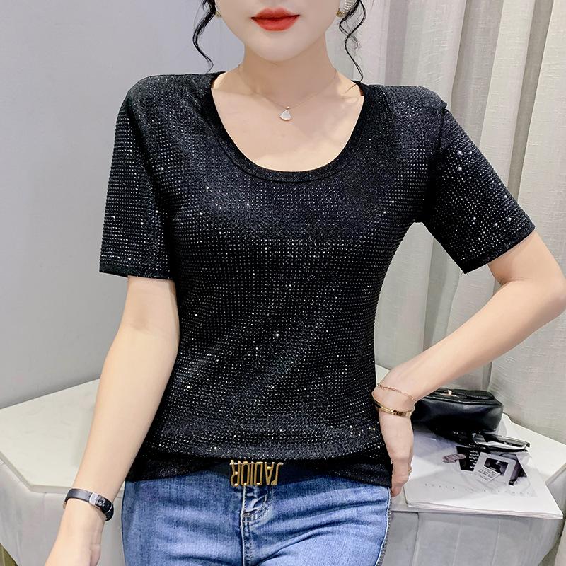 Women S-3XL Size Round Neck Rhinestone Shiny Base Shirt Temperament Fashion Short Sleeved Slim Pullovers Top