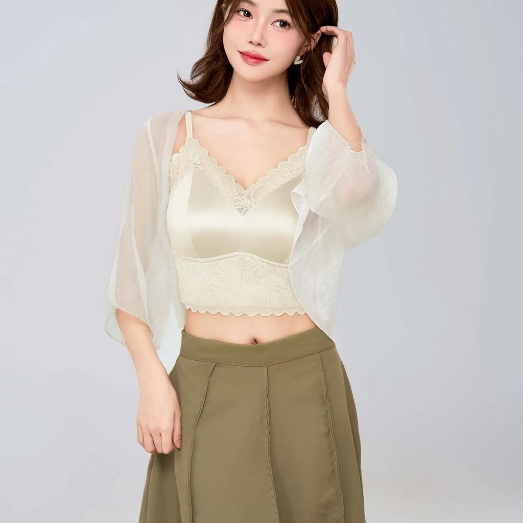 French Style Satin Lace Fixed Cup Camisole, Sexy Breathable Sheer Inner Wear Women's Tank Top