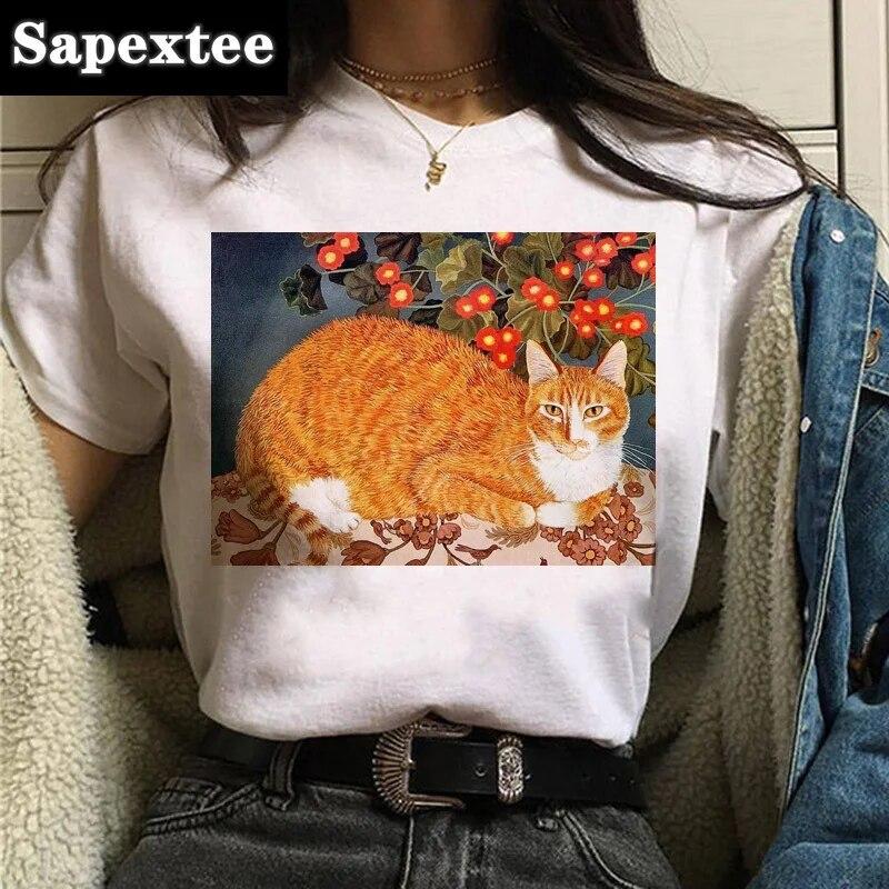 Camiseta Gato Van Gogh woUnisex estampado artístico pintura al óleo hermosa linda divertida camiseta dibujos animados años 90 ulzzang top casual camiseta mujer