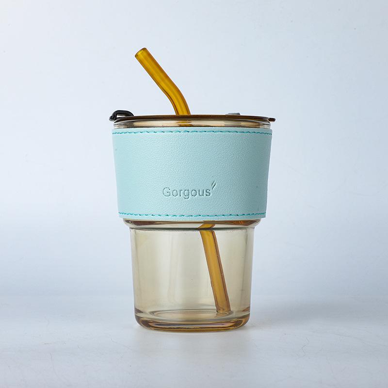 Vertical Pattern Bamboo Cup Glass Transparent Household Striped Water Cup Office Straw Cup with Lid Ins Style Coffee Cup