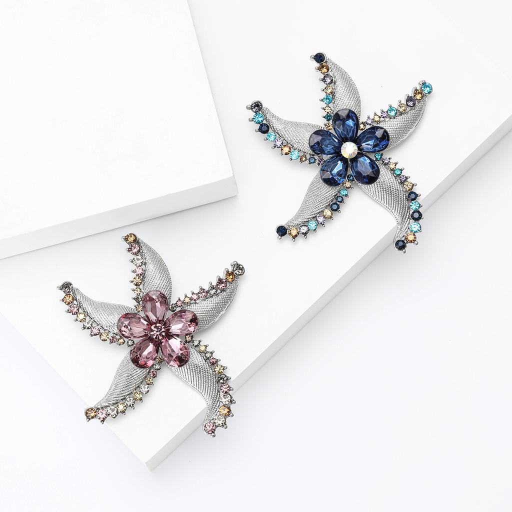 Creative Alloy Rhinestone Starfish Flower Brooch Niche Design Women'S Suit Coat Corsage Jewelry Pin