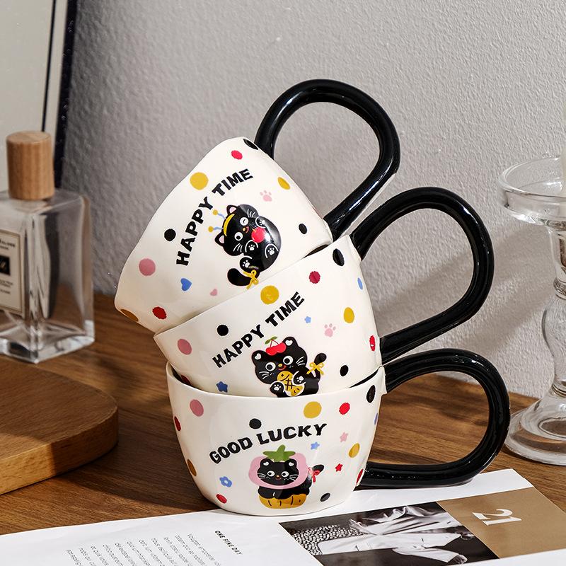 Ceramic Mug Creative Cartoon Water Cup Cute Mug Polka Dot Ceramic Mouthwash Cup Couple Cup Big Handle
