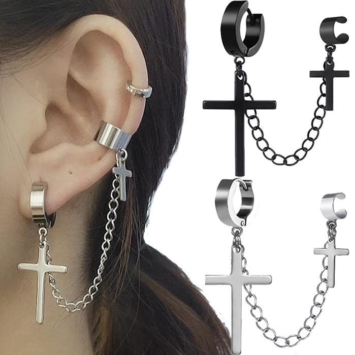 Punk Cross Tassel Øredobber Kvinner Integrert Clip Stud Ørering Kristen Gotisk Hip Hop Smykker Metallkjede Ørering Ørering Ørering Menn