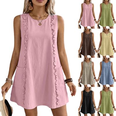 Women Sleeveless Ruffle Trim Casual Tank Dress with Pockets Loose Fit Crew Neck Summer Mini Dress for Daily Wear