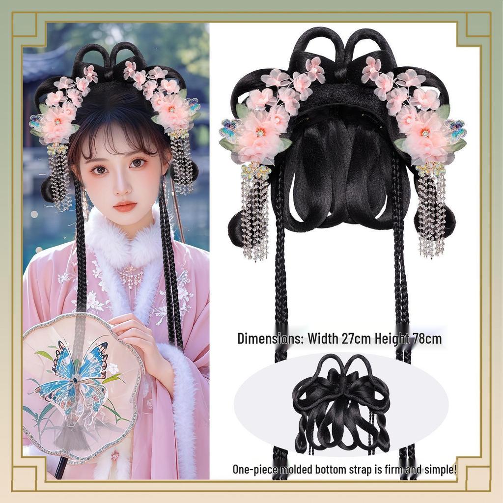 Herbst/Winter Hanfu Perücke und Pompon Stirnband Haaraccessoires Set