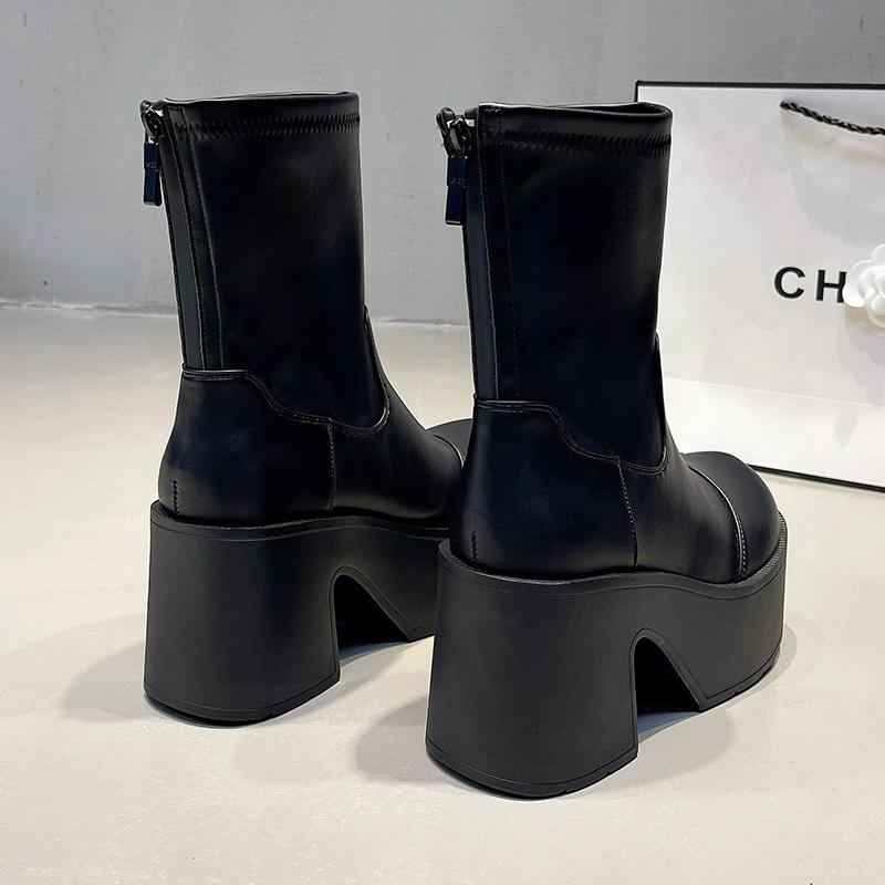 Mode 9CM Hohe Klobige Stiefel Mode Schnürung Dick Absatz Dicke Sohle Motorradstiefel Wasserdichte Plateau Hinterer Reißverschluss Damenschuhe