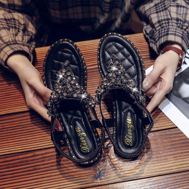 Large size toe sandals 41-43 fattened feet wide fat sister flat bottom pinch feet pearl Roman flip-flops fairy wind 35 чёрный