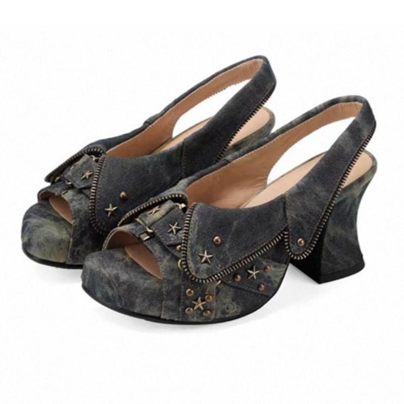 

Fashion Punk Style Metal Rivets Decoration High-heel Sandals Women Fashion Denim Splice Zip Design Platform Sandal Sexy Party Dress Shoe 35 синий