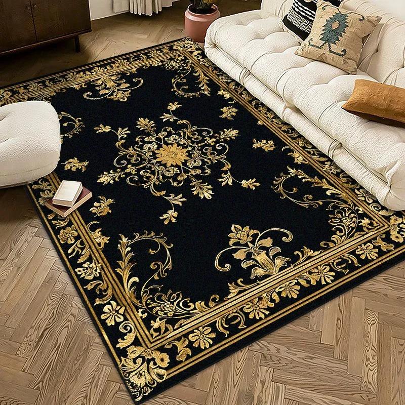 Golden Yellow Area Rug – Non-Slip Living Room Carpet for Dining Room or Lounge, Black Bedroom Floor Mat, Large Plush Home Decor