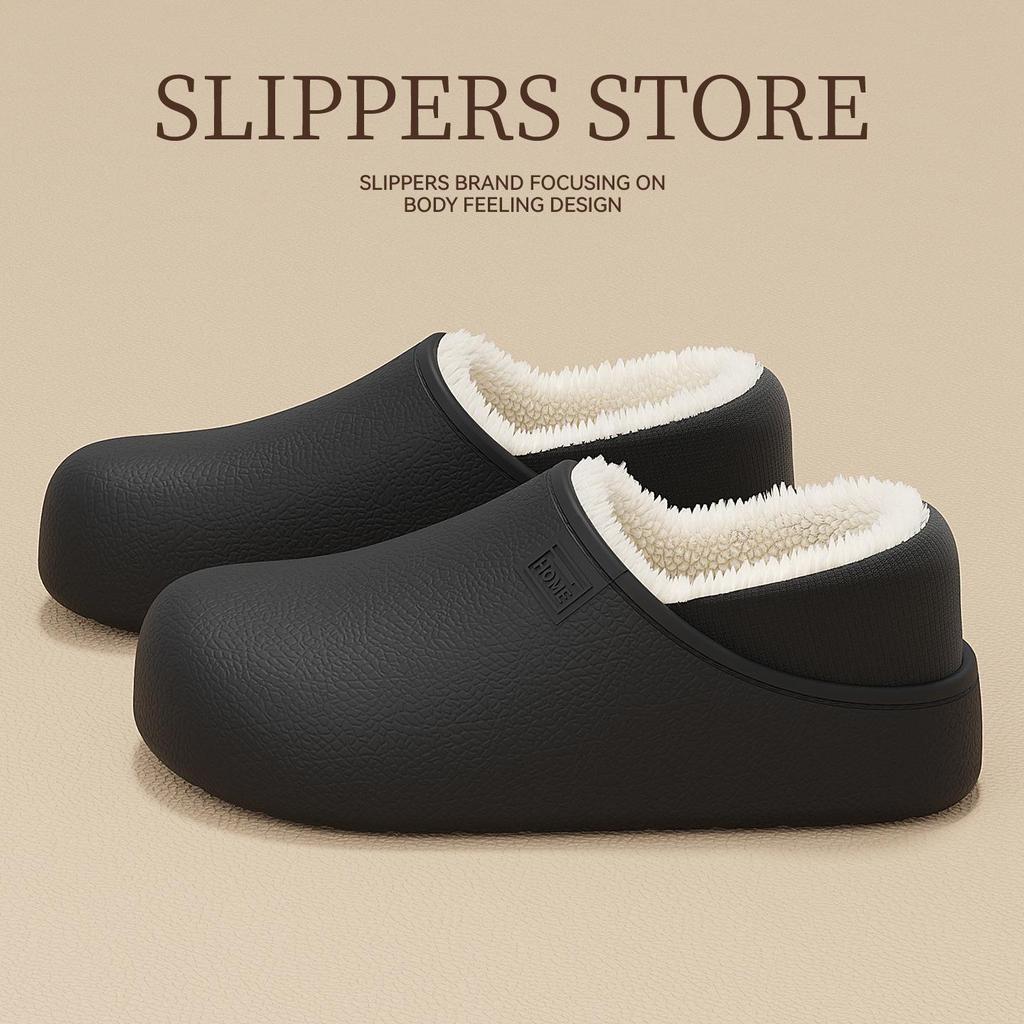 Unisex Waterproof Non-Slip Plush Indoor Cotton Slippers - Warm Full Coverage for Autumn/Winter.