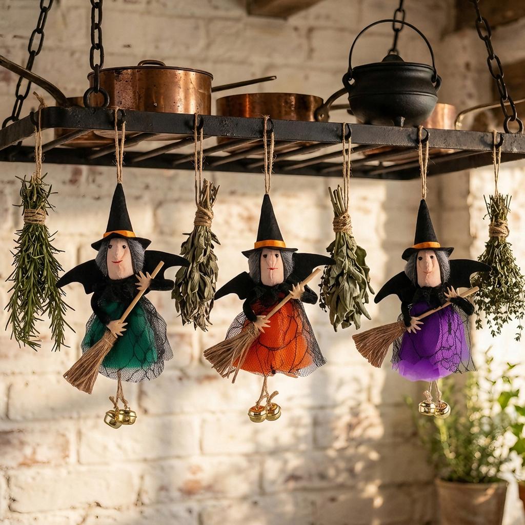 Halloween Decorations Witch Hanging Ornament with Broom and Bell for Indoor Outdoor Scene Arrangement Halloween Decorations Party Decor