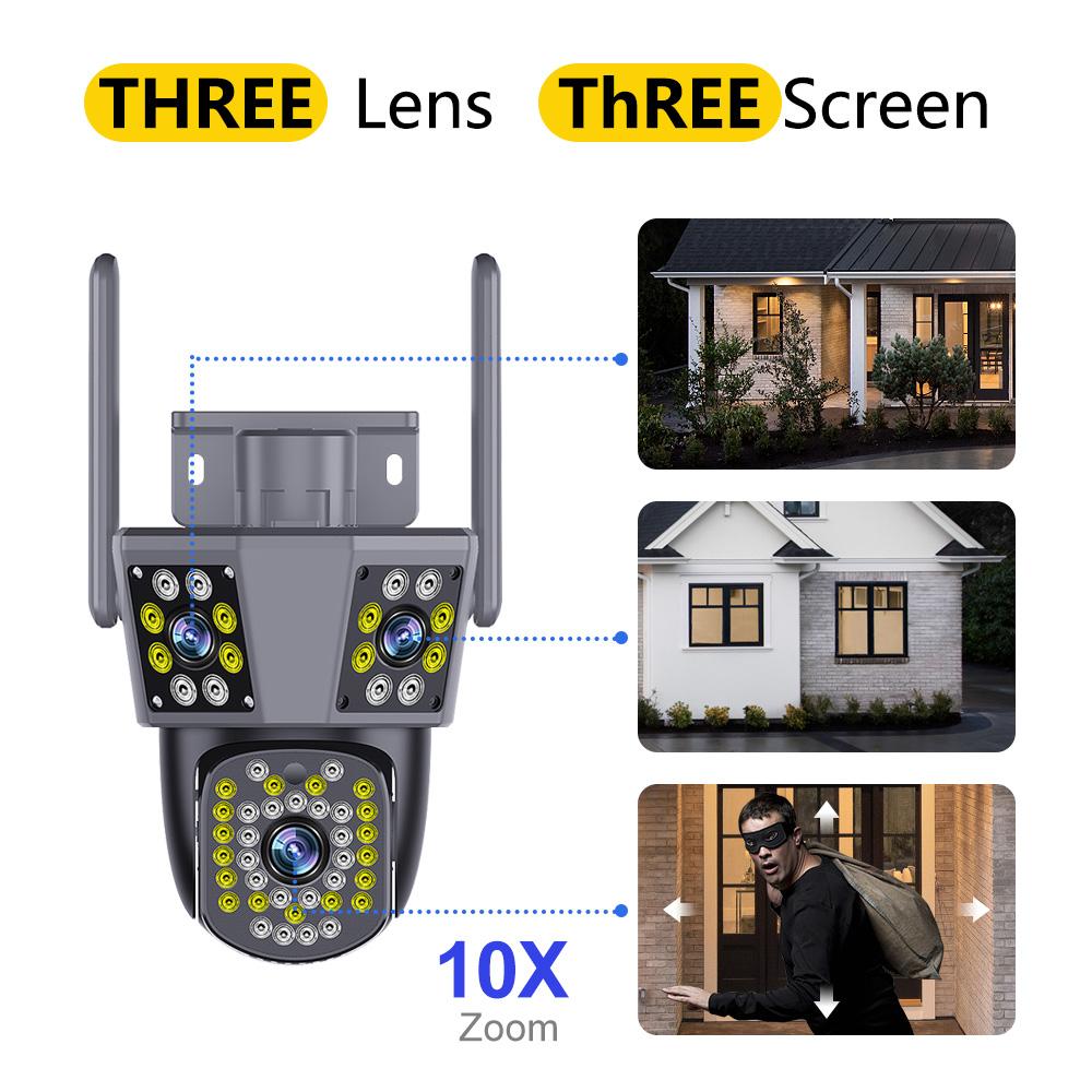 6K 12MP WiFi IP Outdoor Camera with Motion Tracking PTZ 4K Video Three Lens Three Screen Waterproof Security System