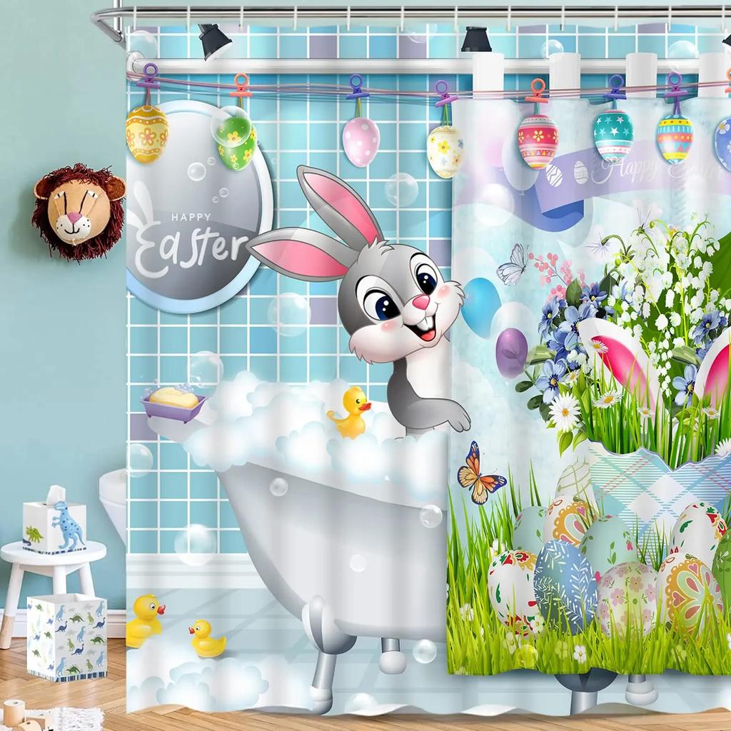 Happy Easter Bunny Shower Curtain Funny Rabbits Pink and Blue Eggs Bath Curtain Polyester Fabric Waterproof Bathroom Curtain Set