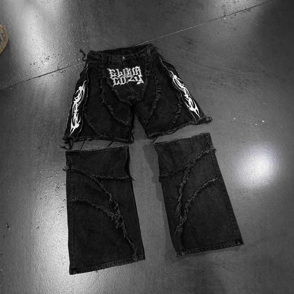 GLYDE Fashion America Retro Street Zip Up Patchwork Baggy Jeans Men Y2k Stripe Embroidery Splicing Black Denim Pants Hip Hop Jeans
