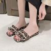 Large size leopard print cool slippers women's summer new European and American pleated beaded square head one-word flat slippers