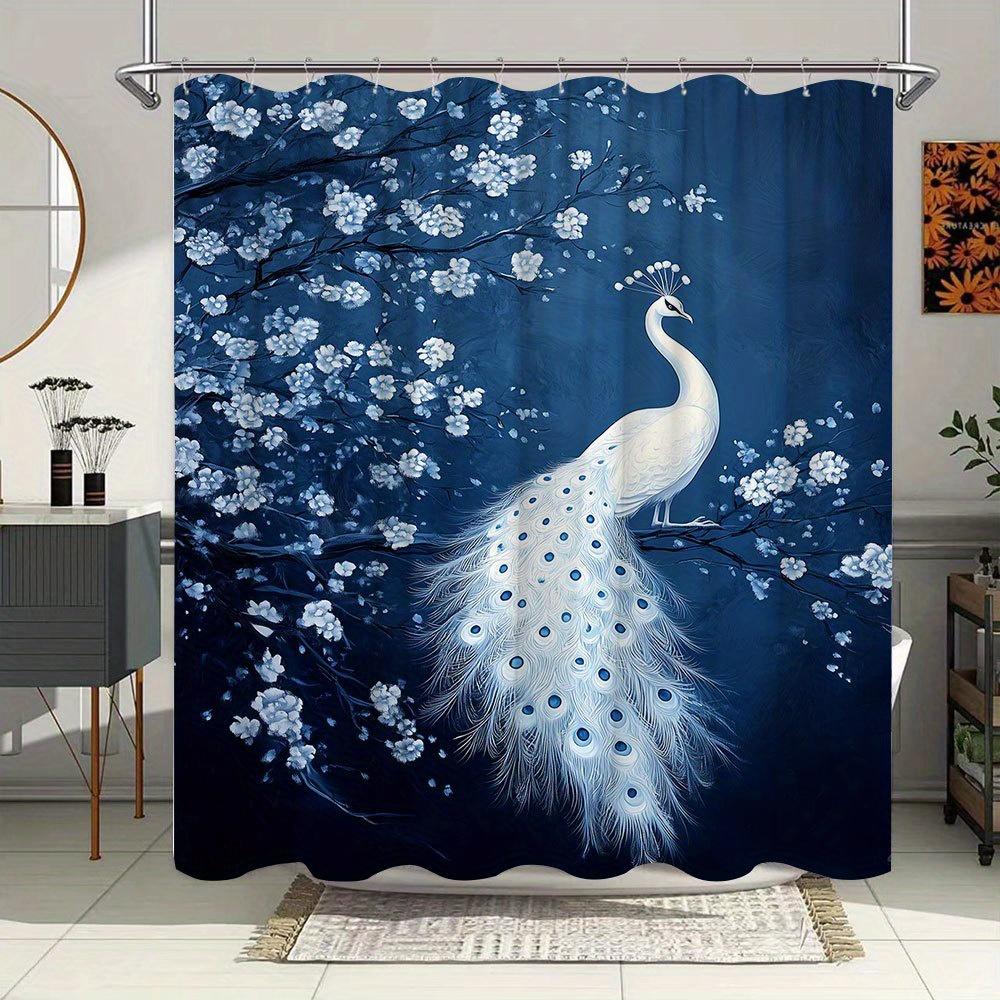 1Pc Elegant White Peacock Shower Curtain With Iridescent Feathers & Cherry Blossom Branch Design On Dark Blue Background, Mystic