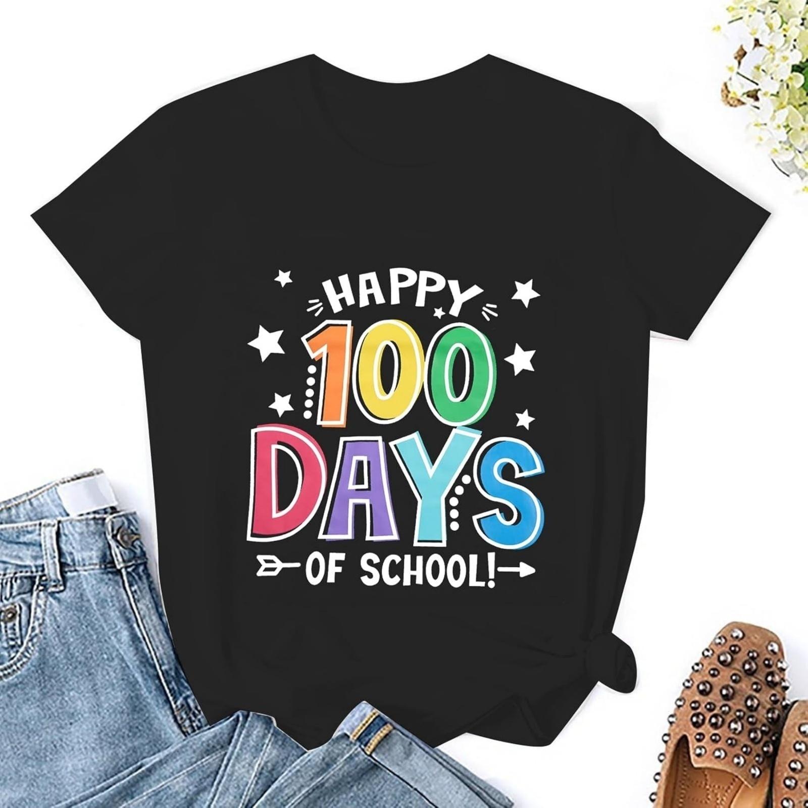 

100 Days of School Shirt Women Happy 100th Day School T-Shirt Funny Teacher Student Tee Tops Short Sleeve Tee S