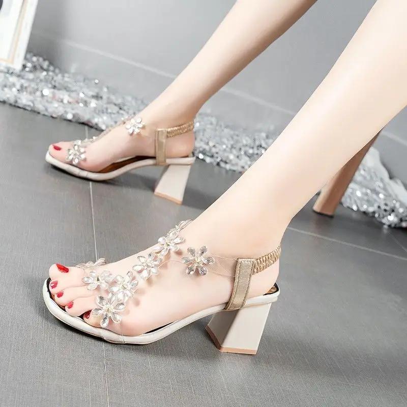 Fashion Open Toe Roman Style Ladies Shoes Summer 2024 Block Heel with Medium Heels Rhinestones Footwear High Sandals for Women Sandal F
