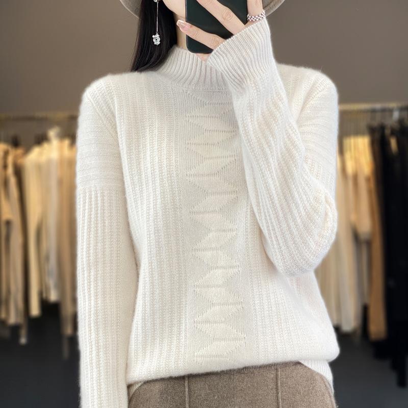 IHUASU Autumn and Winter Wool Sweater Women's Semi-high Neck Jumper Loose Large Size Versatile Knitted Bottoming Shirt Thin Cashmere Sweater