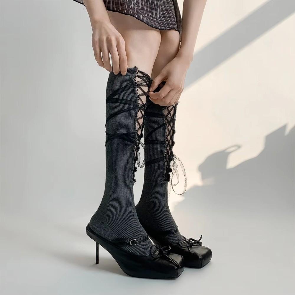 Y2K Mid-calf Socks Lace Trim Mesh Ribbon Socks New Dress Stacking Socks Women