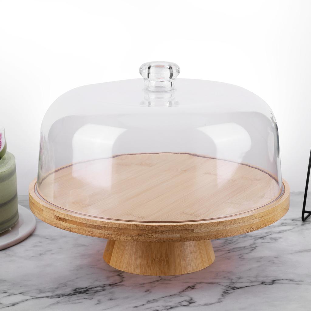 Wood Cake Plate with Clear Dome Lid Non-slip Pastry Stand Wooden Pedestal Stand for Cheese Chips Fruit Platter