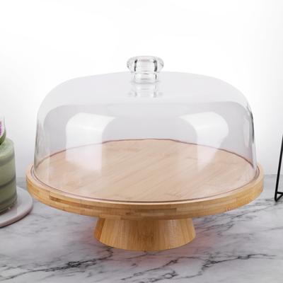 Wood Cake Plate with Clear Dome Lid Non-slip Pastry Stand Wooden Cake Display Stand for Cheese Chips Fruit Platter