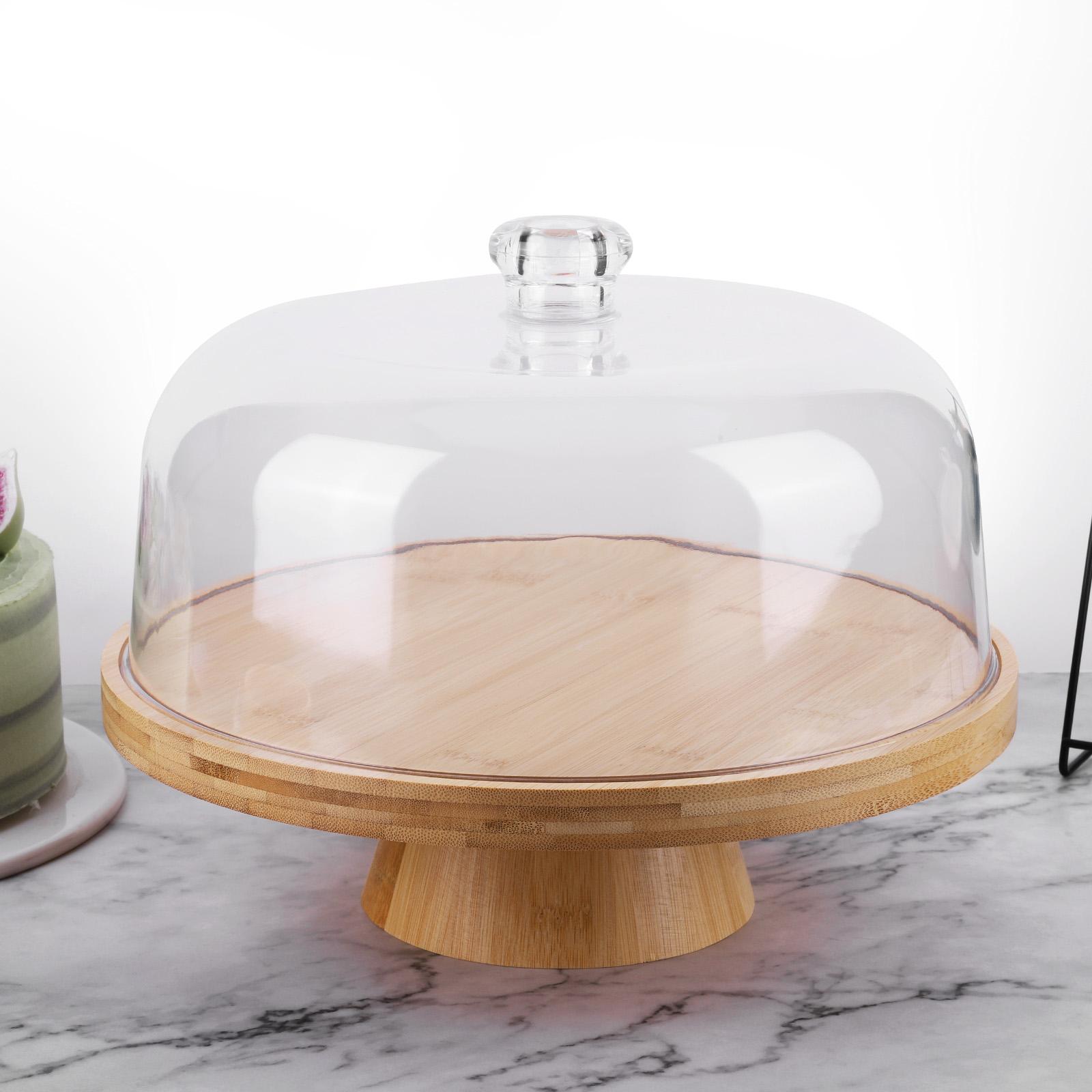 Wood Cake Plate with Clear Dome Lid Non-slip Pastry Stand Wooden Cake Display Stand for Cheese Chips Fruit Platter
