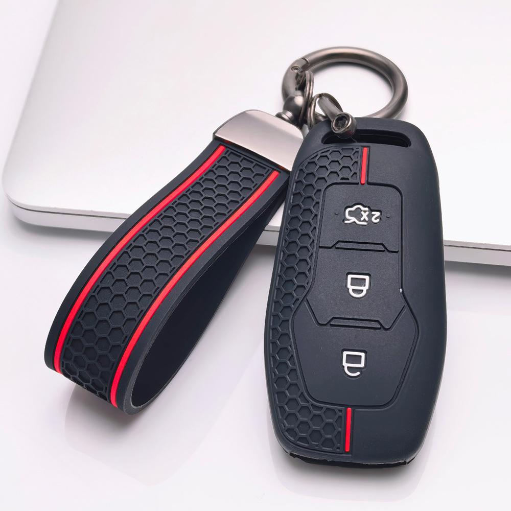Silicone Key Cover with keychain for Ford 3 Button Smart Key, Fits Ford Focus Mondeo Kuga Escape MK4 Mustang Against Non-Slip Honeycomb Grip чёрный